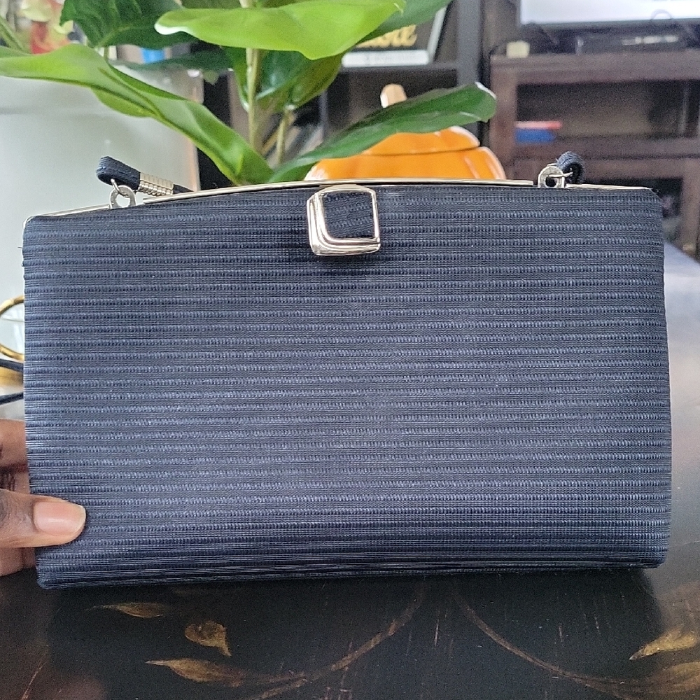 Elan Navy Blue Clutch with Silver Accent